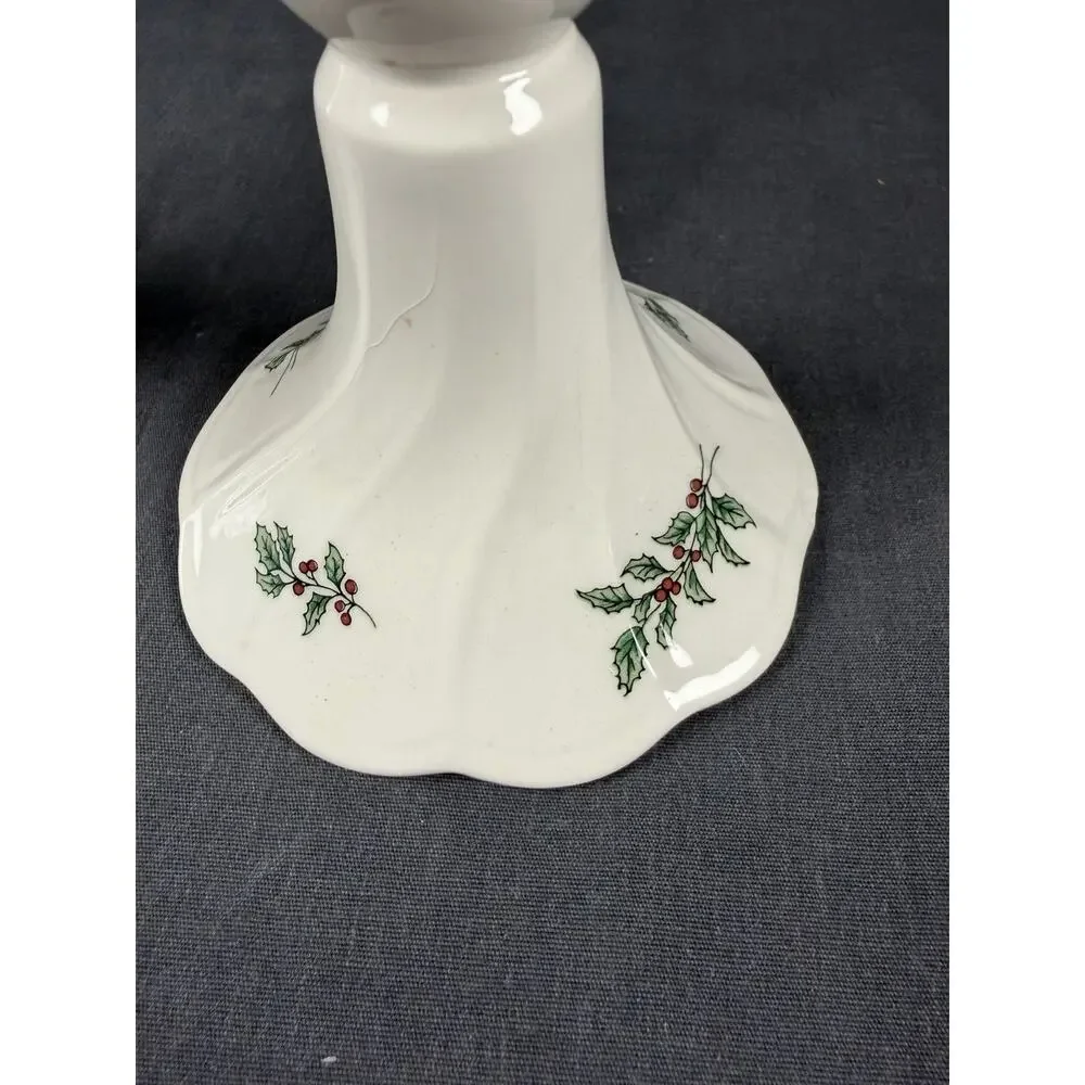 Nikko Happy Holidays Ceramic Candlestick Holders with Holly Berry Motif Set Of 2